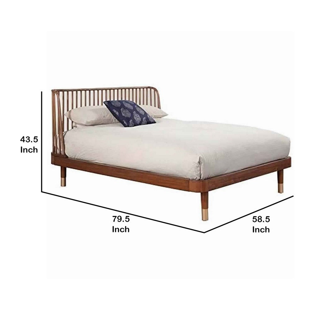 Full Size Platform Bed with Slat Back Rattan Headboard, Brown