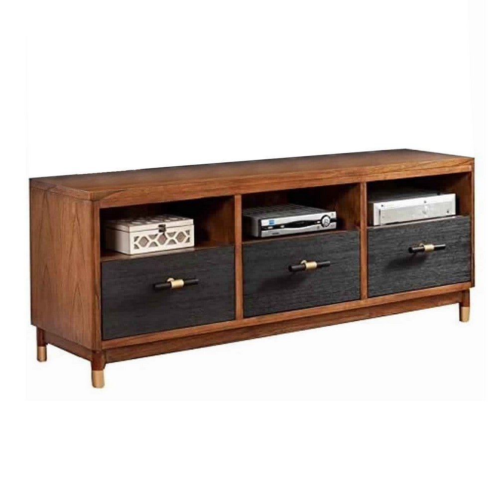 Two Tone 3 Drawer Wood TV Console with 3 Open Compartments, Black and Brown