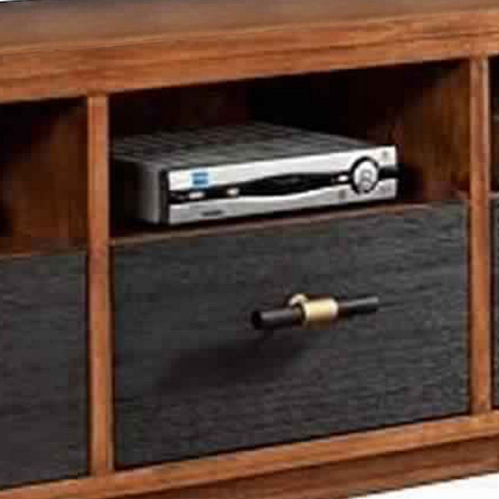 Two Tone 3 Drawer Wood TV Console with 3 Open Compartments, Black and Brown