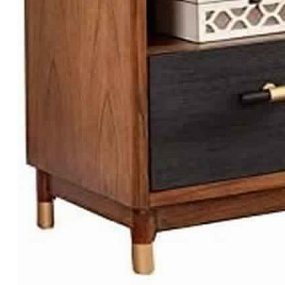 Two Tone 3 Drawer Wood TV Console with 3 Open Compartments, Black and Brown