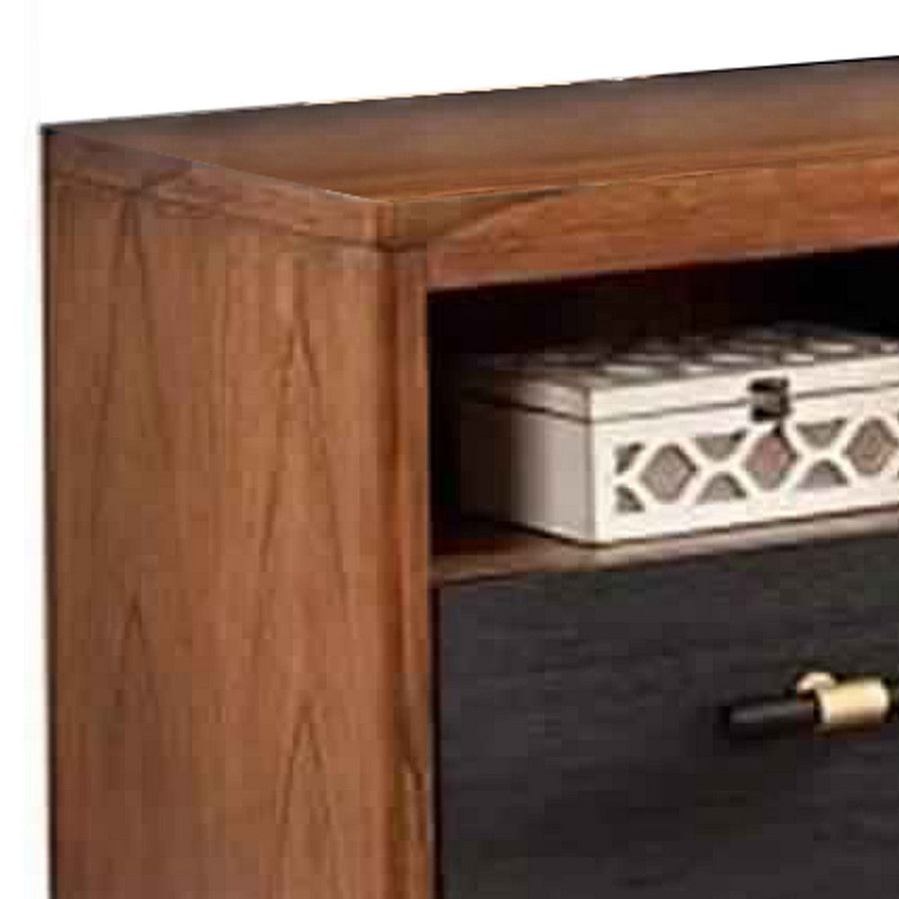 Two Tone 3 Drawer Wood TV Console with 3 Open Compartments, Black and Brown