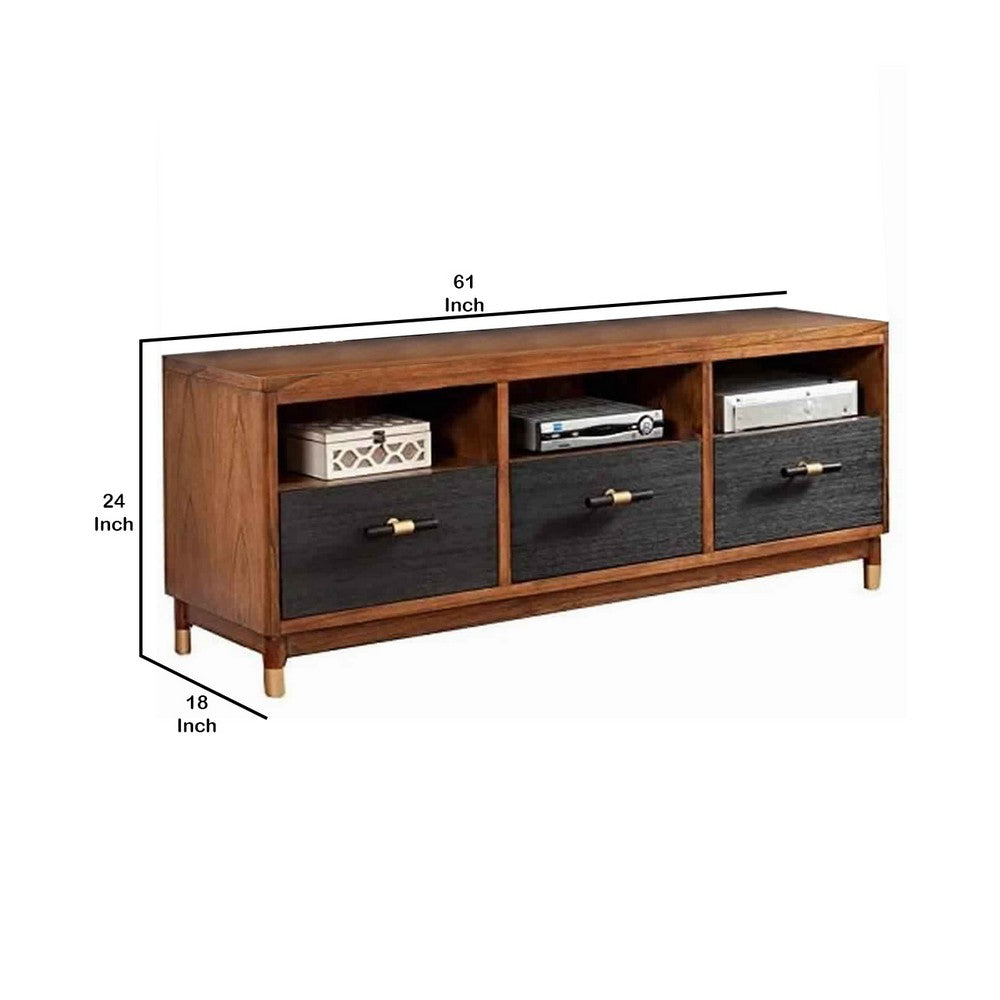 Two Tone 3 Drawer Wood TV Console with 3 Open Compartments, Black and Brown