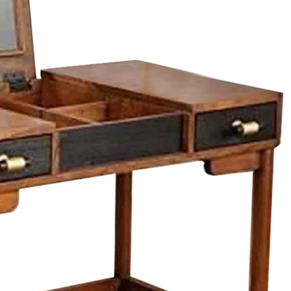2 Drawer Vanity Desk with Flip Top Mirror, Brown and Black