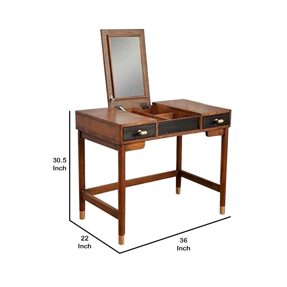 2 Drawer Vanity Desk with Flip Top Mirror, Brown and Black