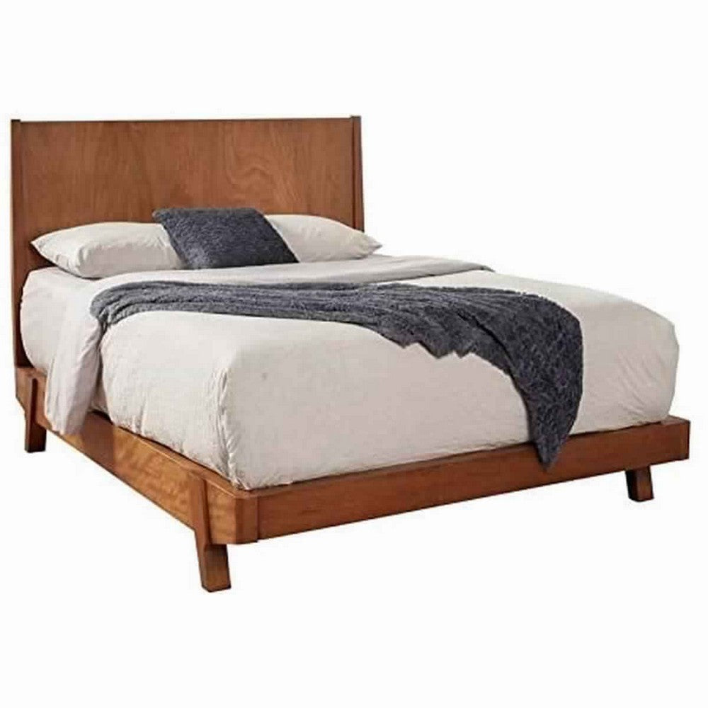 Queen Platform Bed with Angled Block Legs and Grain Details, Brown