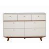 7 Drawer Wooden Dresser with Round Pulls and Angled Legs, White and Brown