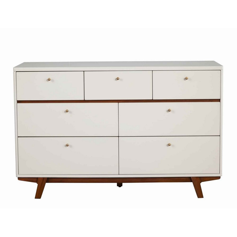 7 Drawer Wooden Dresser with Round Pulls and Angled Legs, White and Brown