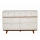 7 Drawer Wooden Dresser with Round Pulls and Angled Legs, White and Brown