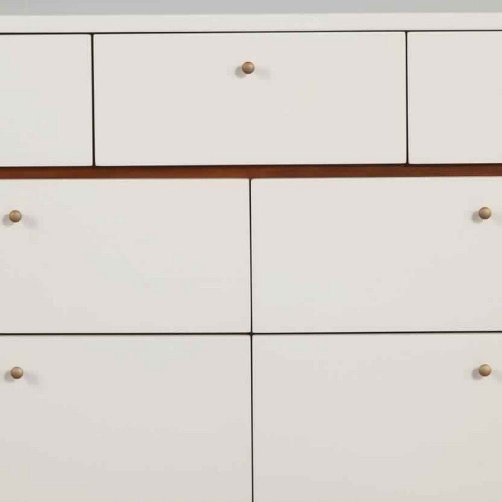 7 Drawer Wooden Dresser with Round Pulls and Angled Legs, White and Brown