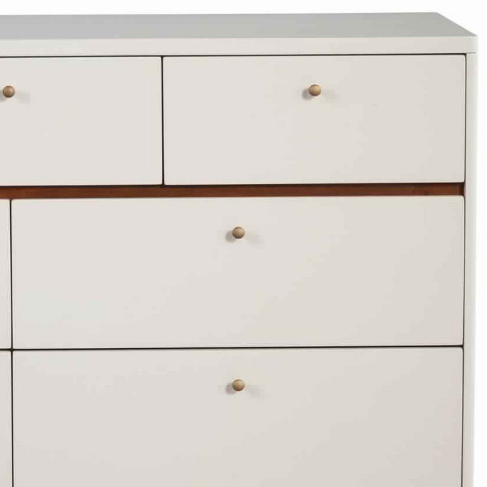 7 Drawer Wooden Dresser with Round Pulls and Angled Legs, White and Brown