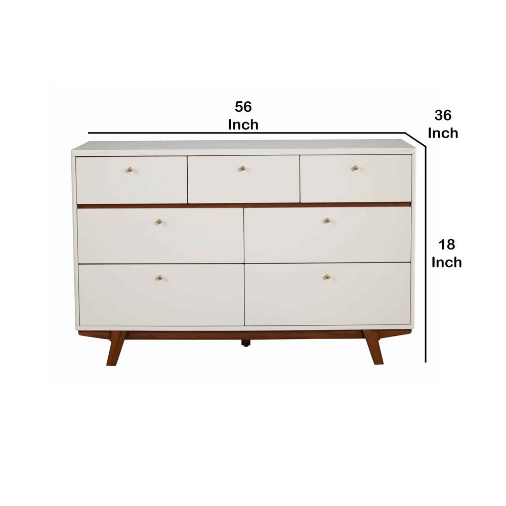 7 Drawer Wooden Dresser with Round Pulls and Angled Legs, White and Brown