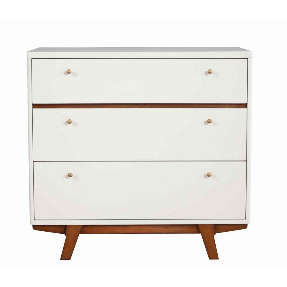 Tall Dresser Chest | Wood | 3 Drawer | Round Pull Handles | Angled Legs | Small | White & Brown