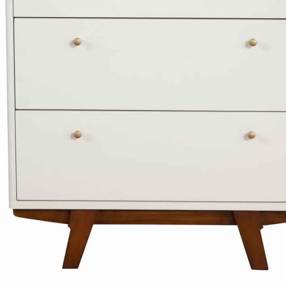 4 Drawer Wood Chest with Round Pulls and Angled Legs, White and Brown