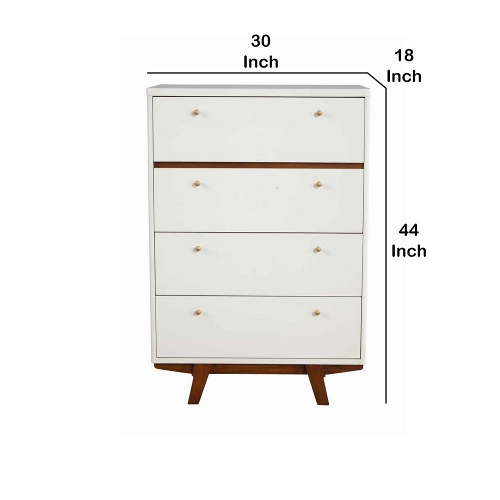 4 Drawer Wood Chest with Round Pulls and Angled Legs, White and Brown