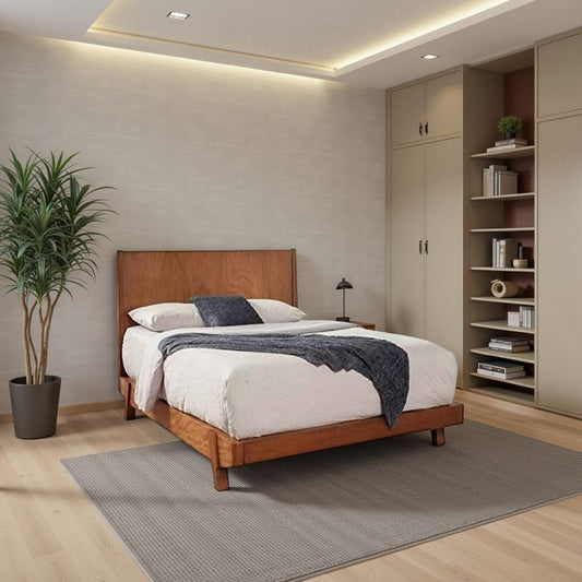 Full Platform Bed | Angled Block Legs | Grain Details | Brown