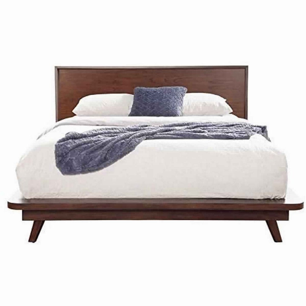Queen Platform Bed with Angled Legs and Grain Details, Dark Brown