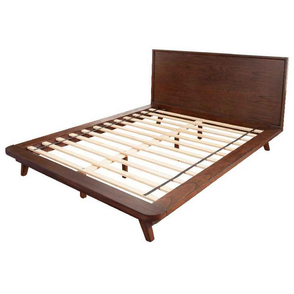 Queen Platform Bed with Angled Legs and Grain Details, Dark Brown