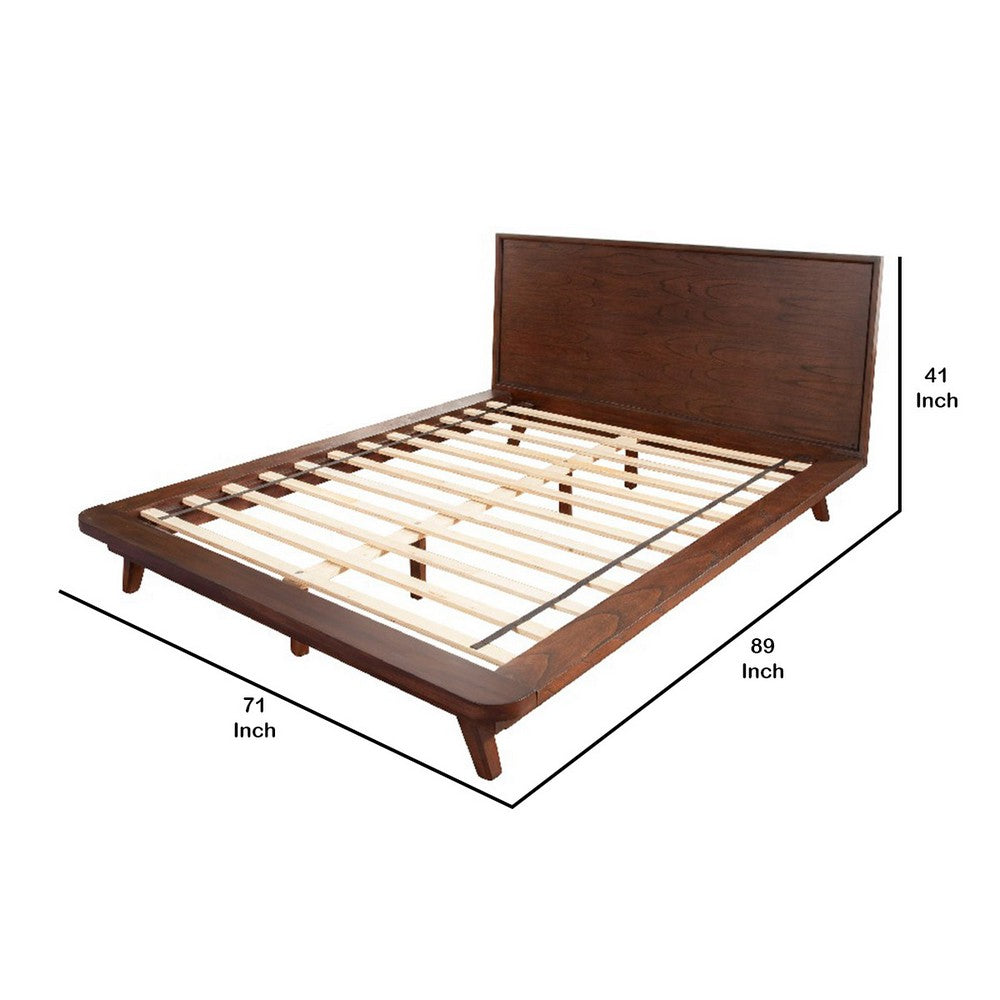 Queen Platform Bed with Angled Legs and Grain Details, Dark Brown
