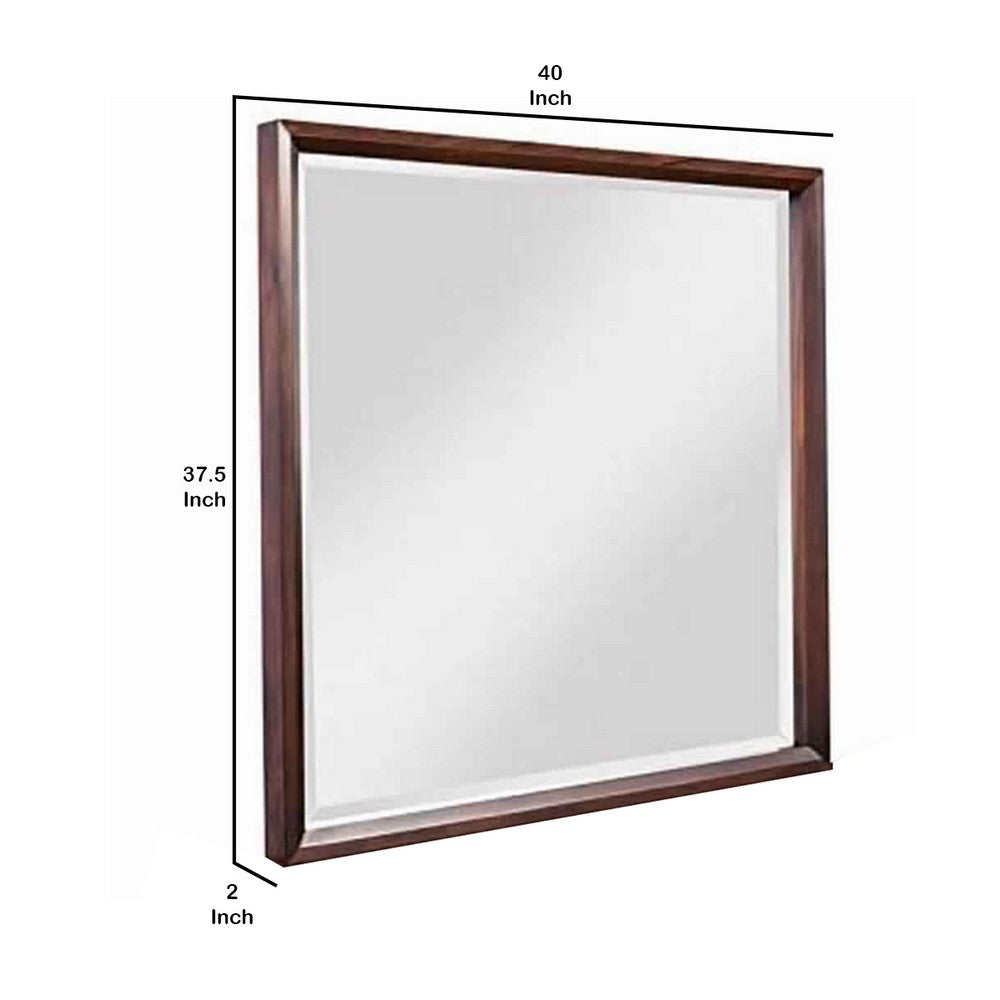 Transitional Style Rectangular Mirror with Wooden Frame, Brown