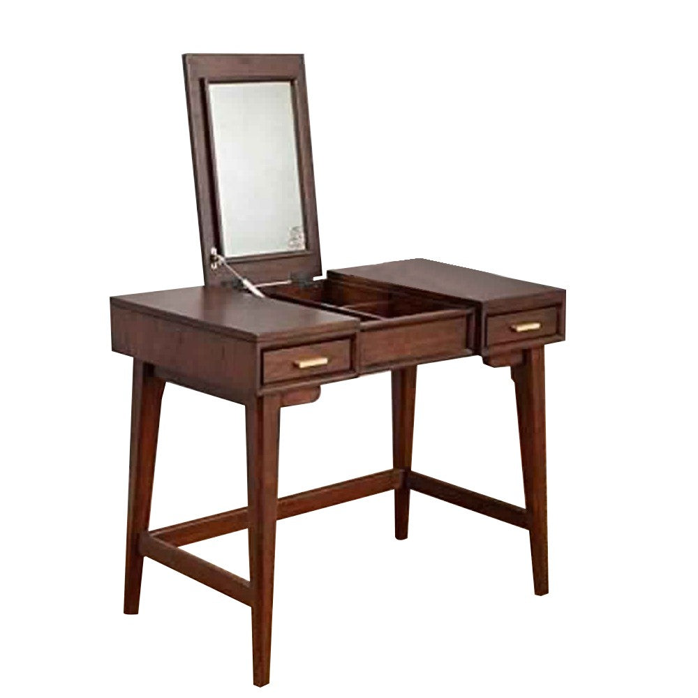 2 Drawer Vanity Desk with Flip Top Mirror and Tapered Legs, Walnut Brown