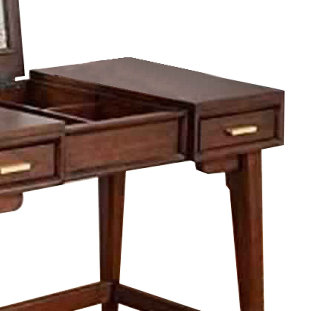 2 Drawer Vanity Desk with Flip Top Mirror and Tapered Legs, Walnut Brown