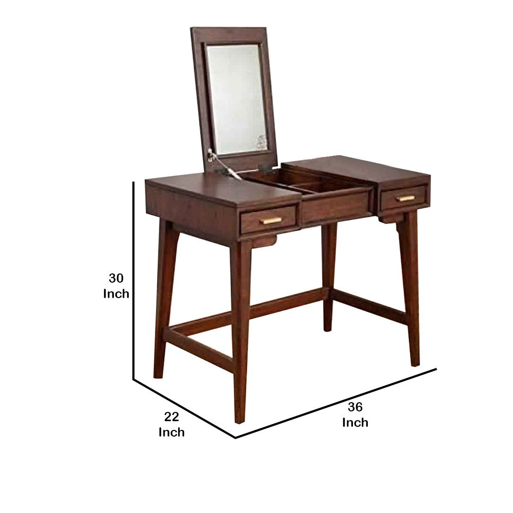 2 Drawer Vanity Desk with Flip Top Mirror and Tapered Legs, Walnut Brown