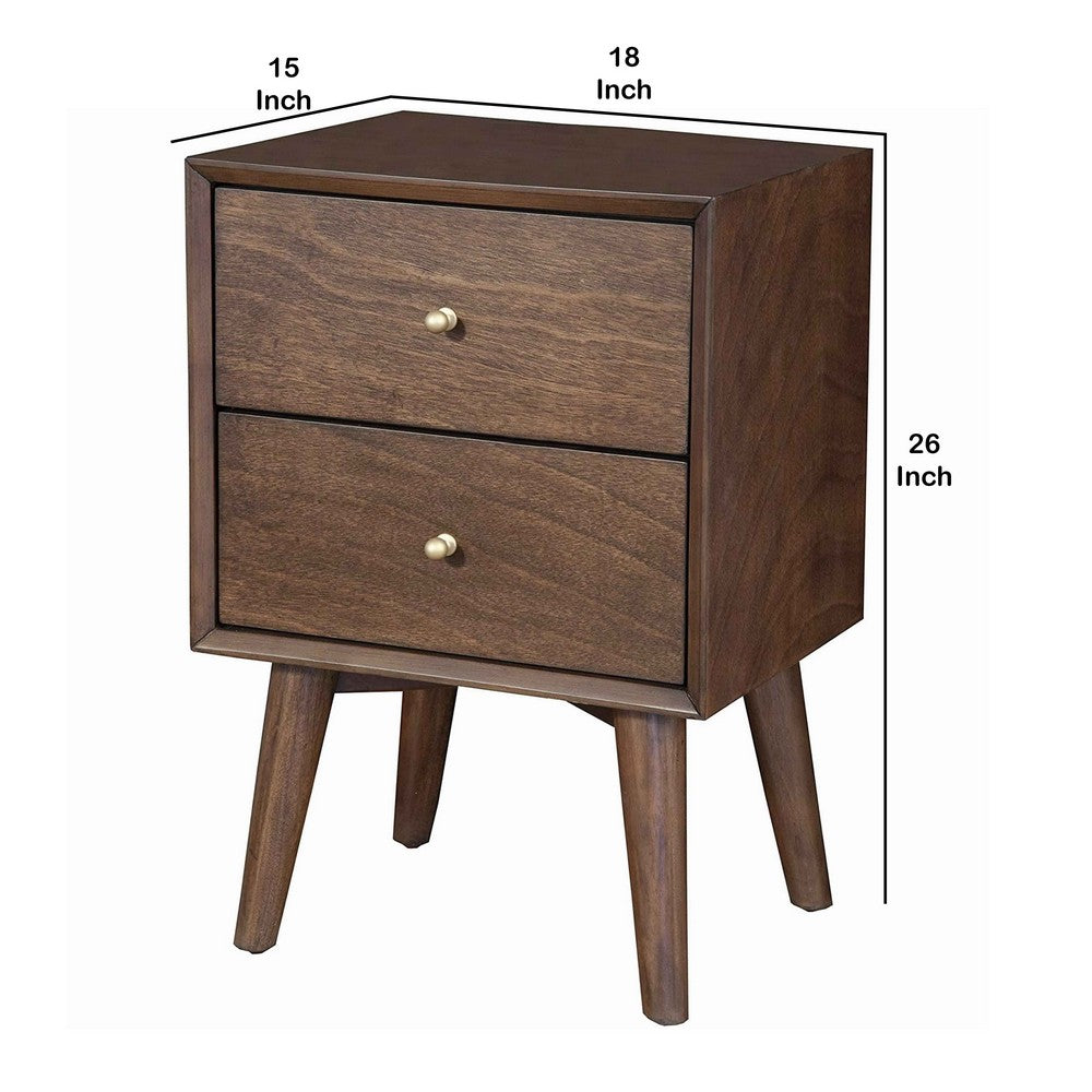 Mid Century Modern Wooden Nightstand with 2 Drawers and Slanted Legs, Brown