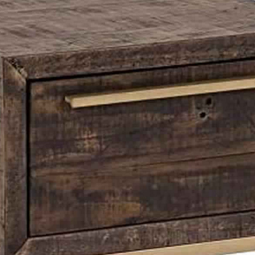 Wooden Lamp Table with 1 Storage Drawer and Metal Base, Brown and Gold