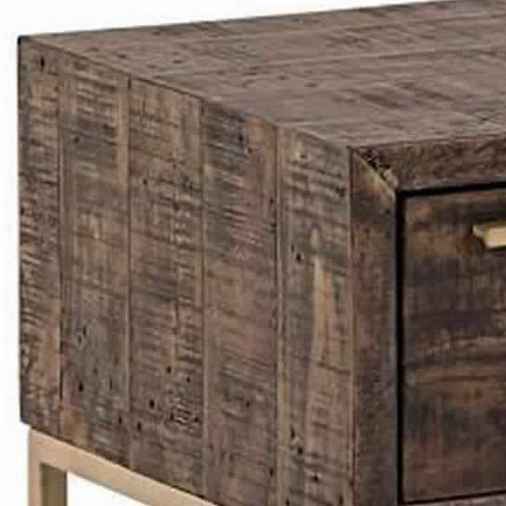 Wooden Lamp Table with 1 Storage Drawer and Metal Base, Brown and Gold