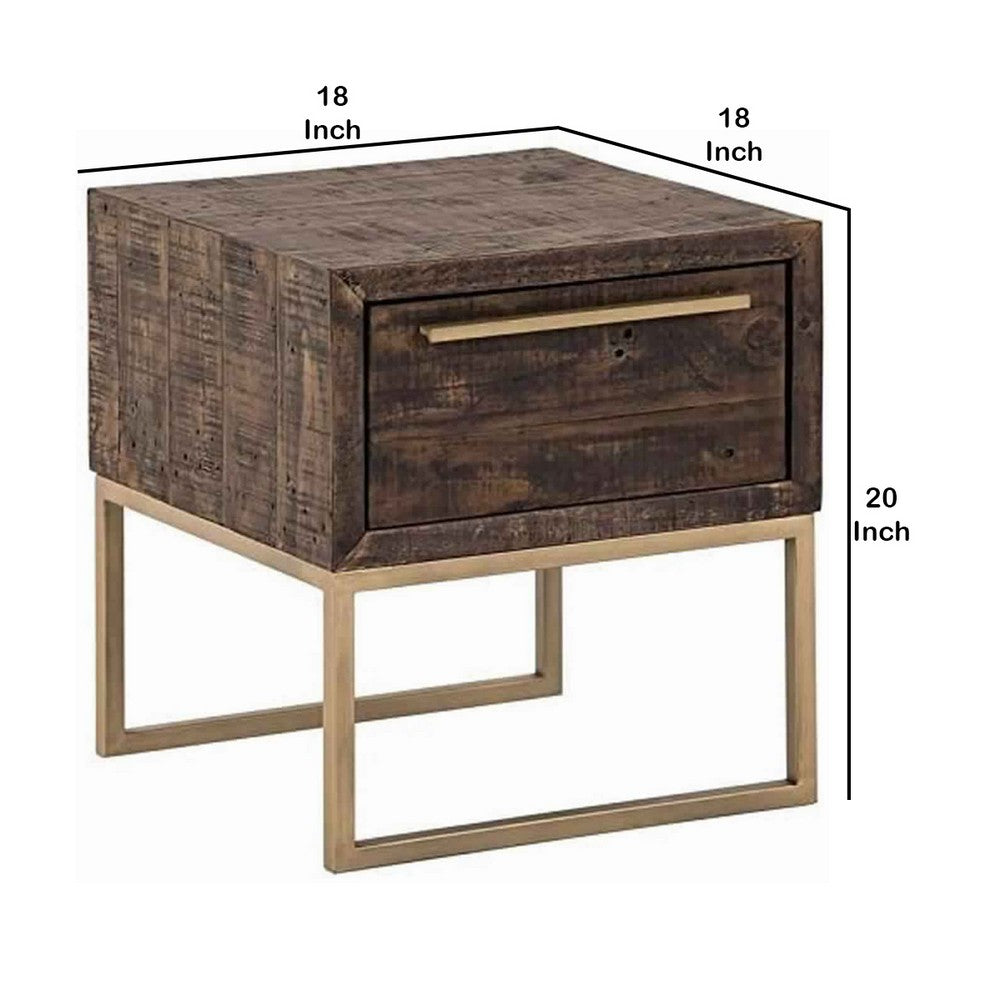 Wooden Lamp Table with 1 Storage Drawer and Metal Base, Brown and Gold