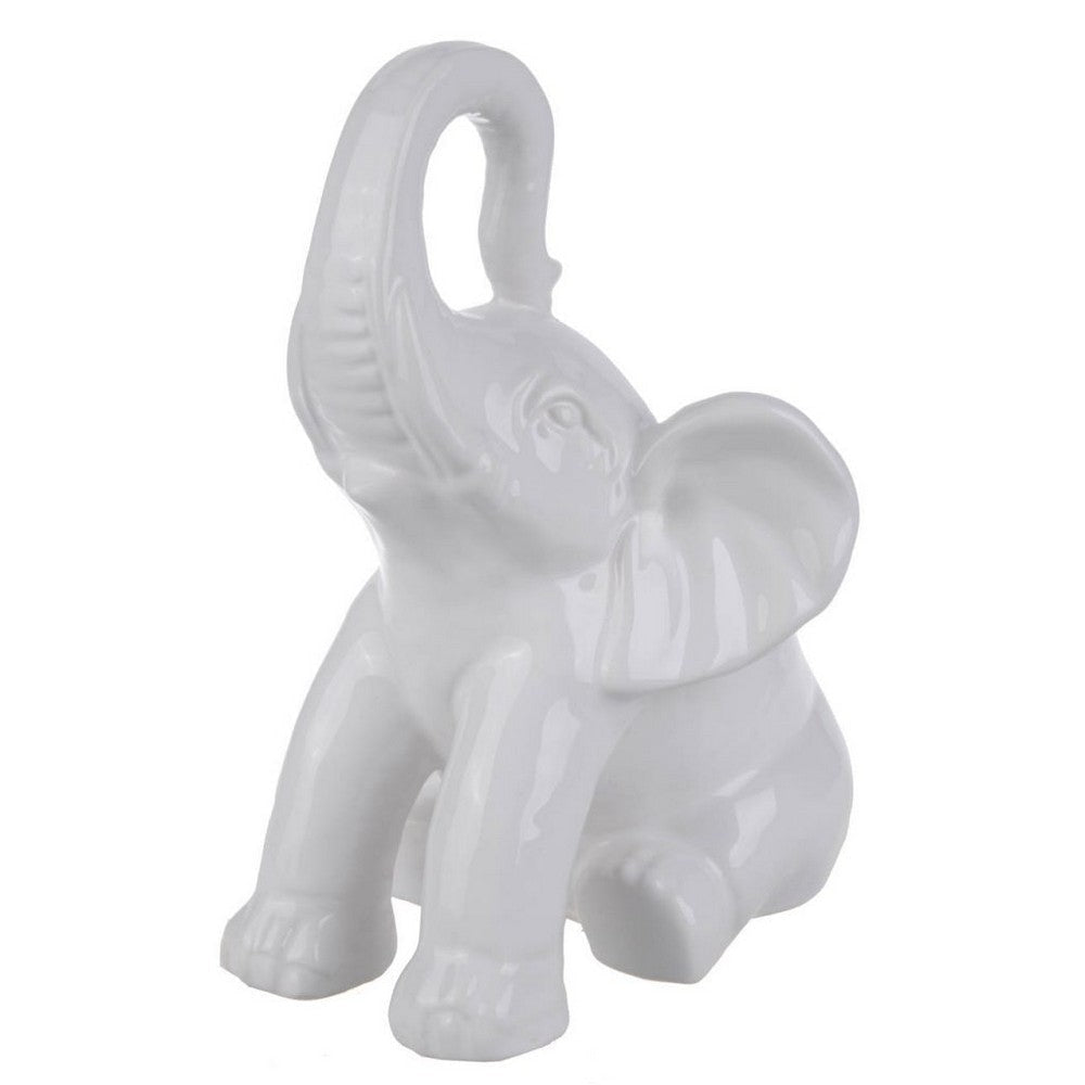 Figurine | Ceramic Baby Elephant | Raised Trunk | White