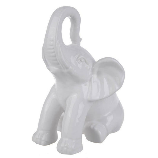 Ceramic Baby Elephant Figurine with Raised Trunk, White By Casagear Home