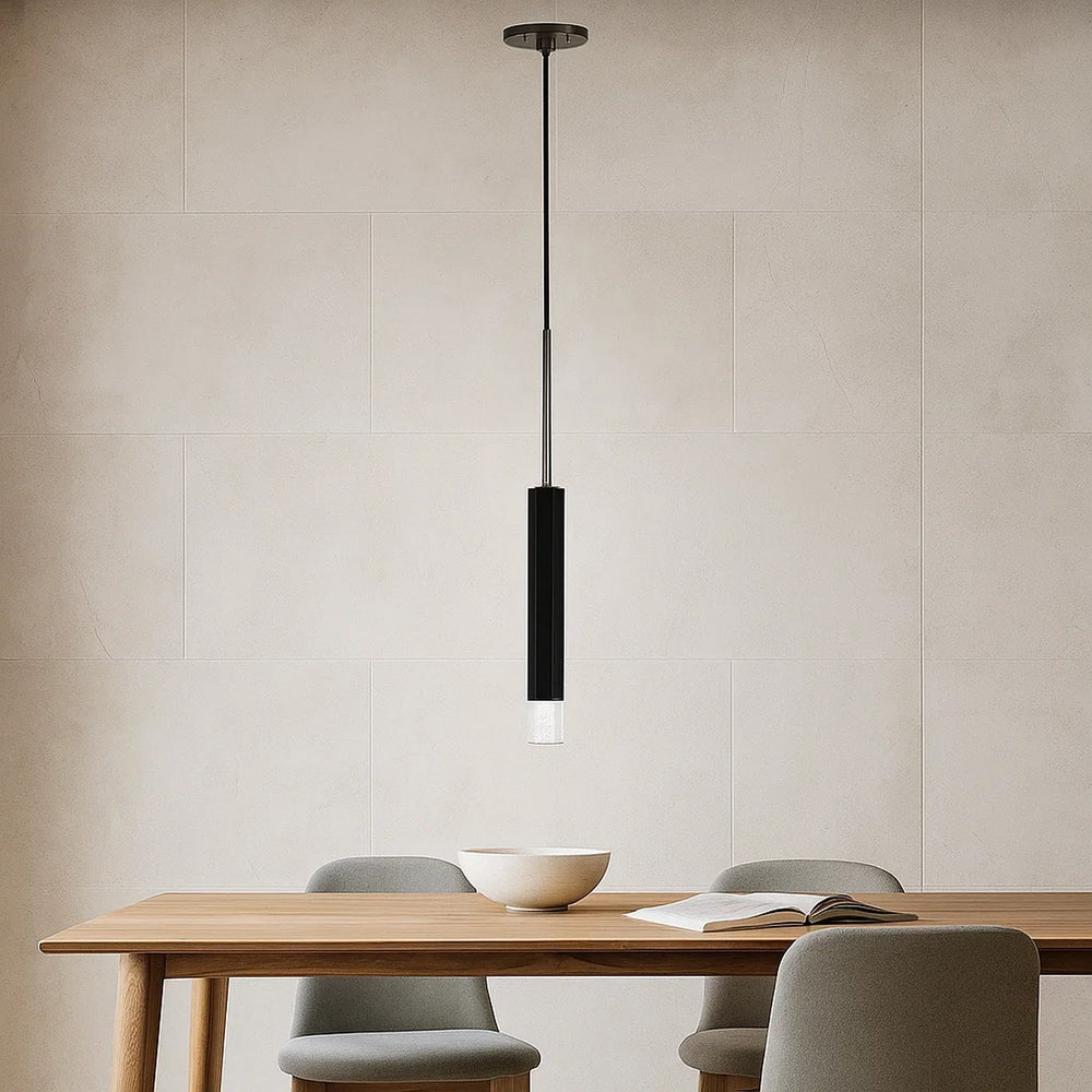 Pendant Light | Hexagonal Metal Frame | Single LED | Glass Diffuser | Black