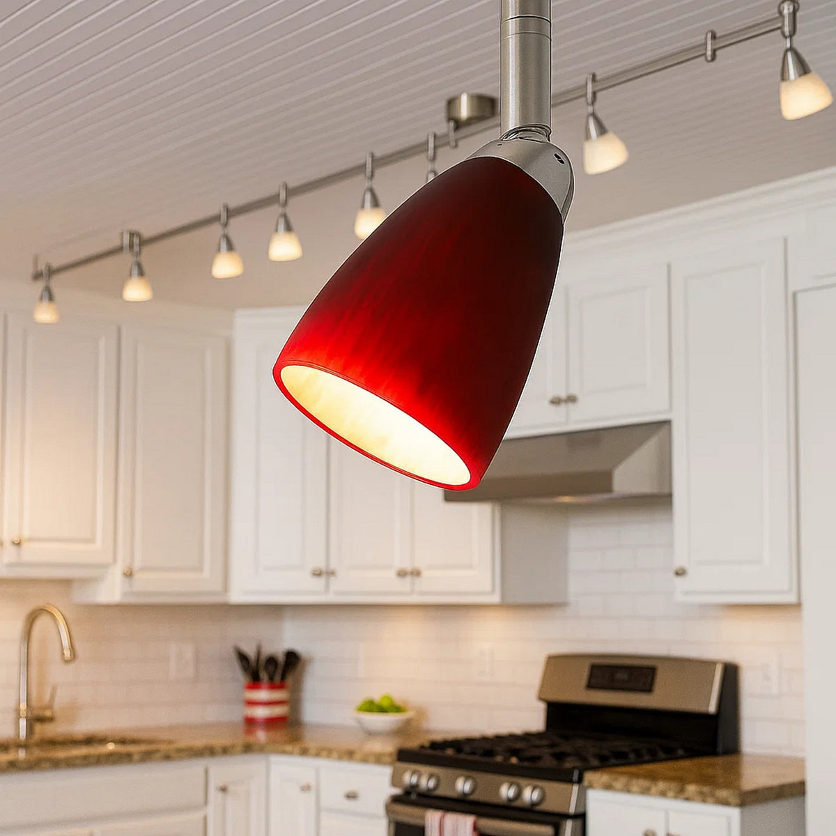 Track Light Head | Hand Blown Glass Shade | Metal Frame | Red & Silver