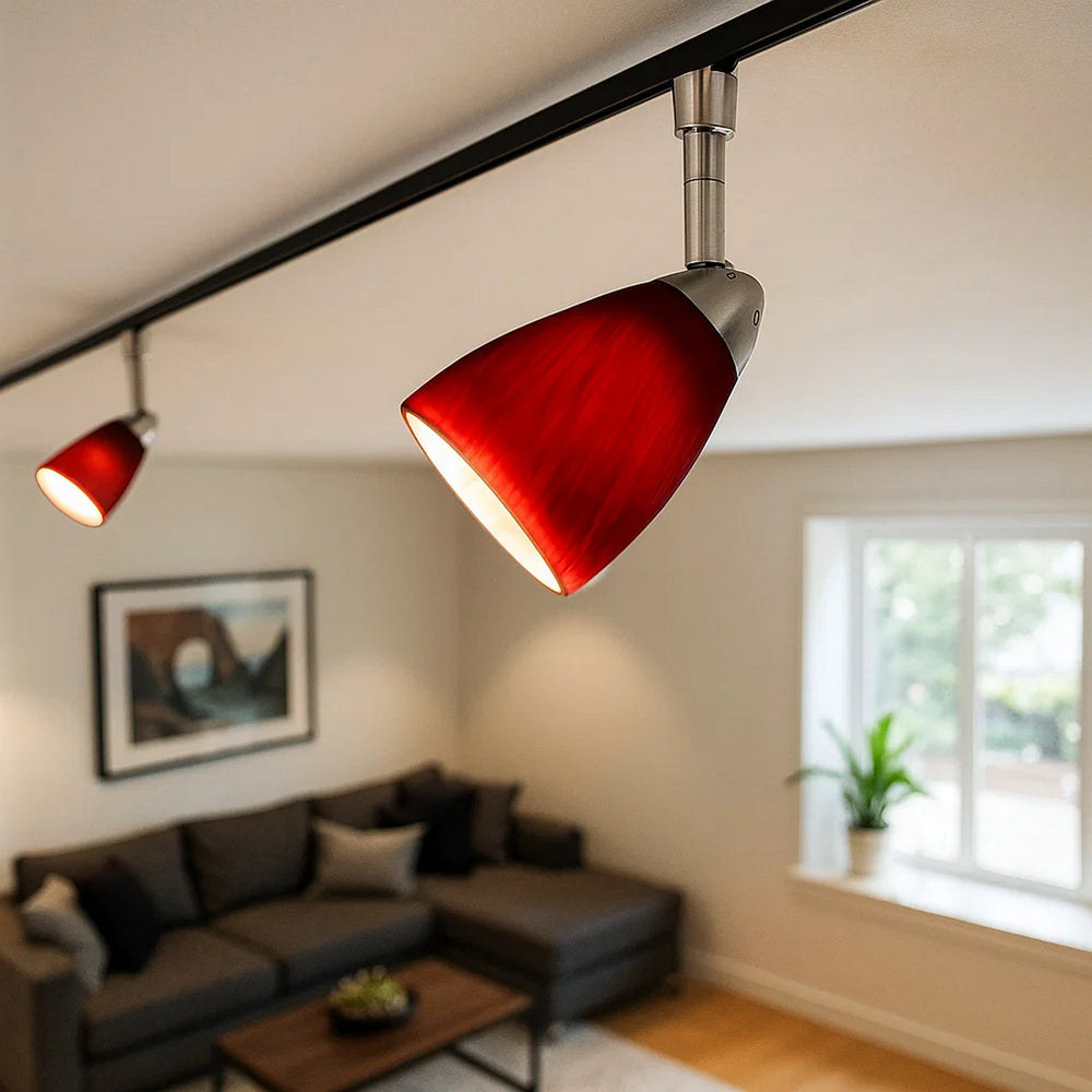 Track Light Head | Hand Blown Glass Shade | Metal Frame | Red & Silver