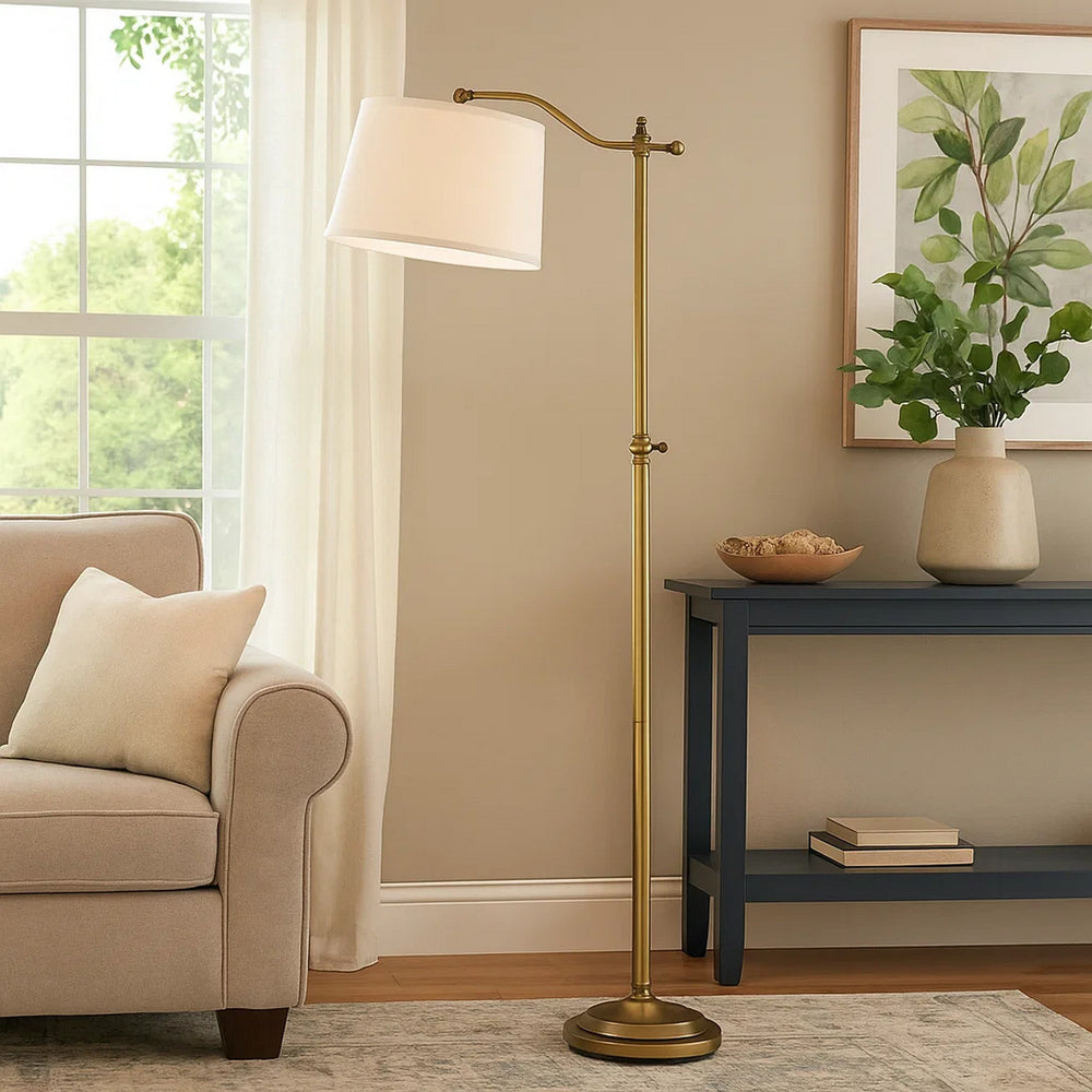 Down Bridge Floor Lamp | 100W | Fabric Tapered Drum Shade | Gold