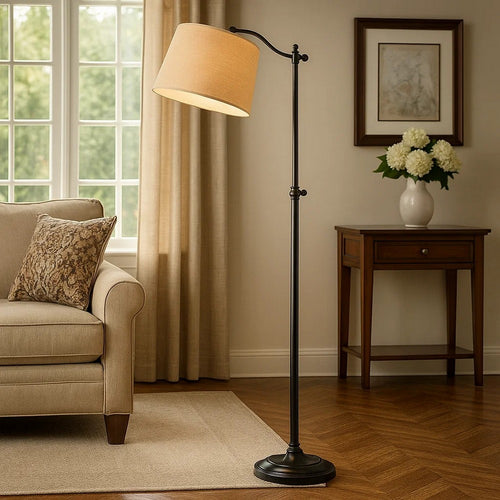 Down Bridge Floor Lamp | 100W | Fabric Tapered Drum Shade | Black