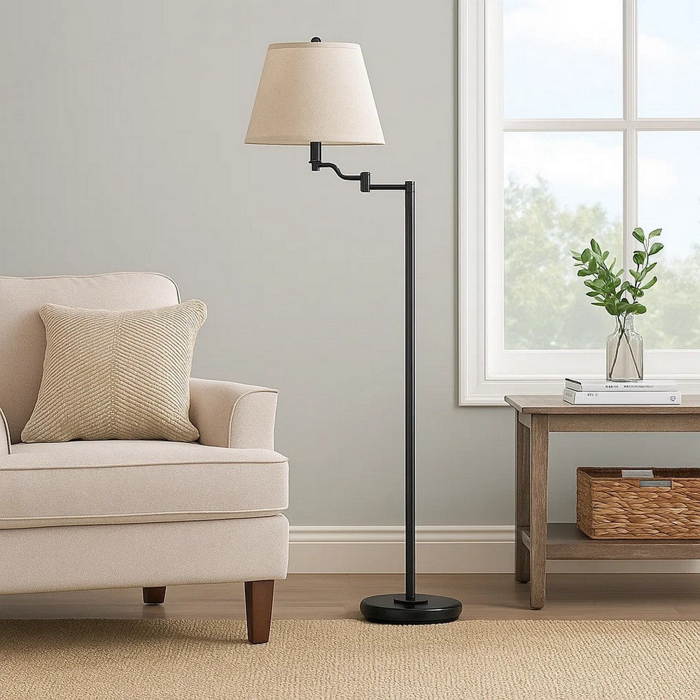 3 Way Metal Floor Lamp | Swing Arm | Conical Fabric Shade | Black
