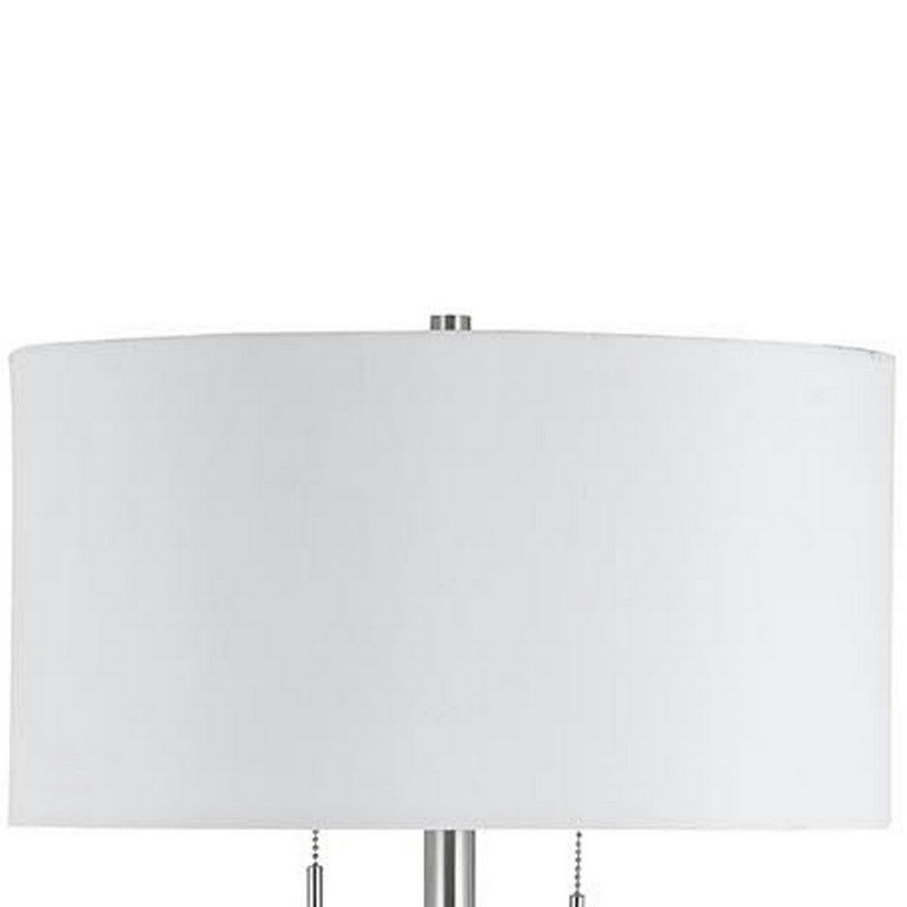 Metal Body Floor Lamp with Fabric Drum Shade and Pull Chain Switch, Silver By Casagear Home