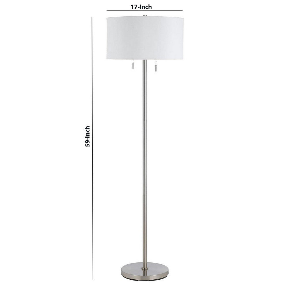 Metal Body Floor Lamp with Fabric Drum Shade and Pull Chain Switch, Silver By Casagear Home