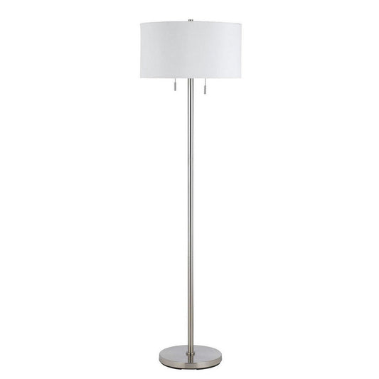 Metal Floor Lamp | Fabric Drum Shade | Pull Chain Switch | Silver