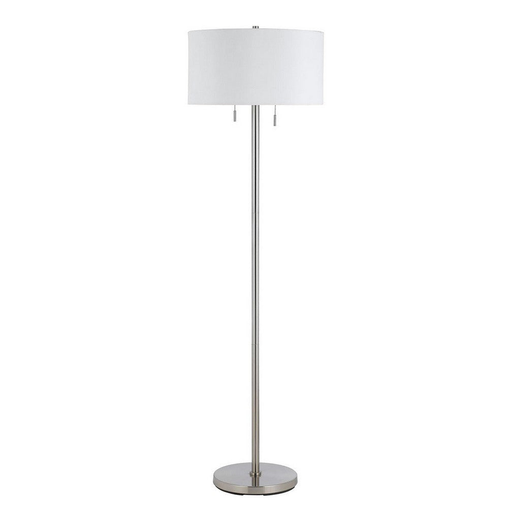 Metal Floor Lamp | Fabric Drum Shade | Pull Chain Switch | Silver