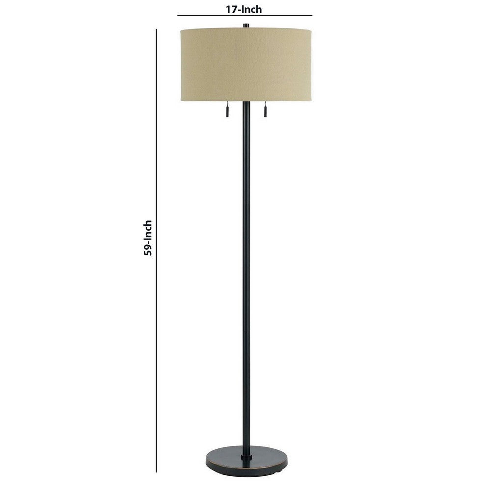 Metal Body Floor Lamp with Fabric Drum Shade and Pull Chain Switch Black By Casagear Home BM220846