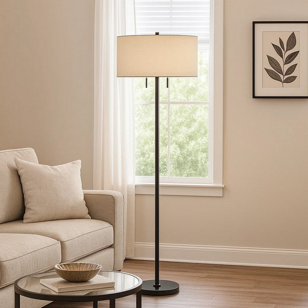 Metal Floor Lamp | Fabric Drum Shade | Pull Chain Switch | Black