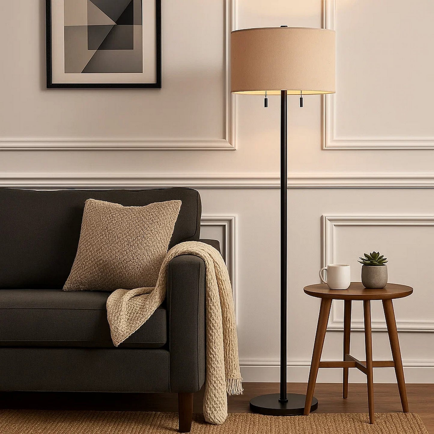 Metal Floor Lamp | Fabric Drum Shade | Pull Chain Switch | Black