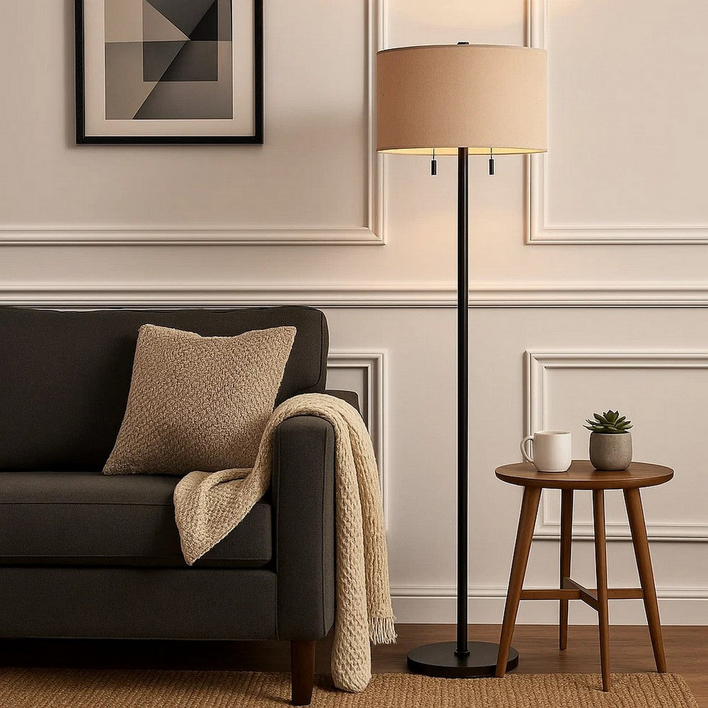 Metal Floor Lamp | Fabric Drum Shade | Pull Chain Switch | Black
