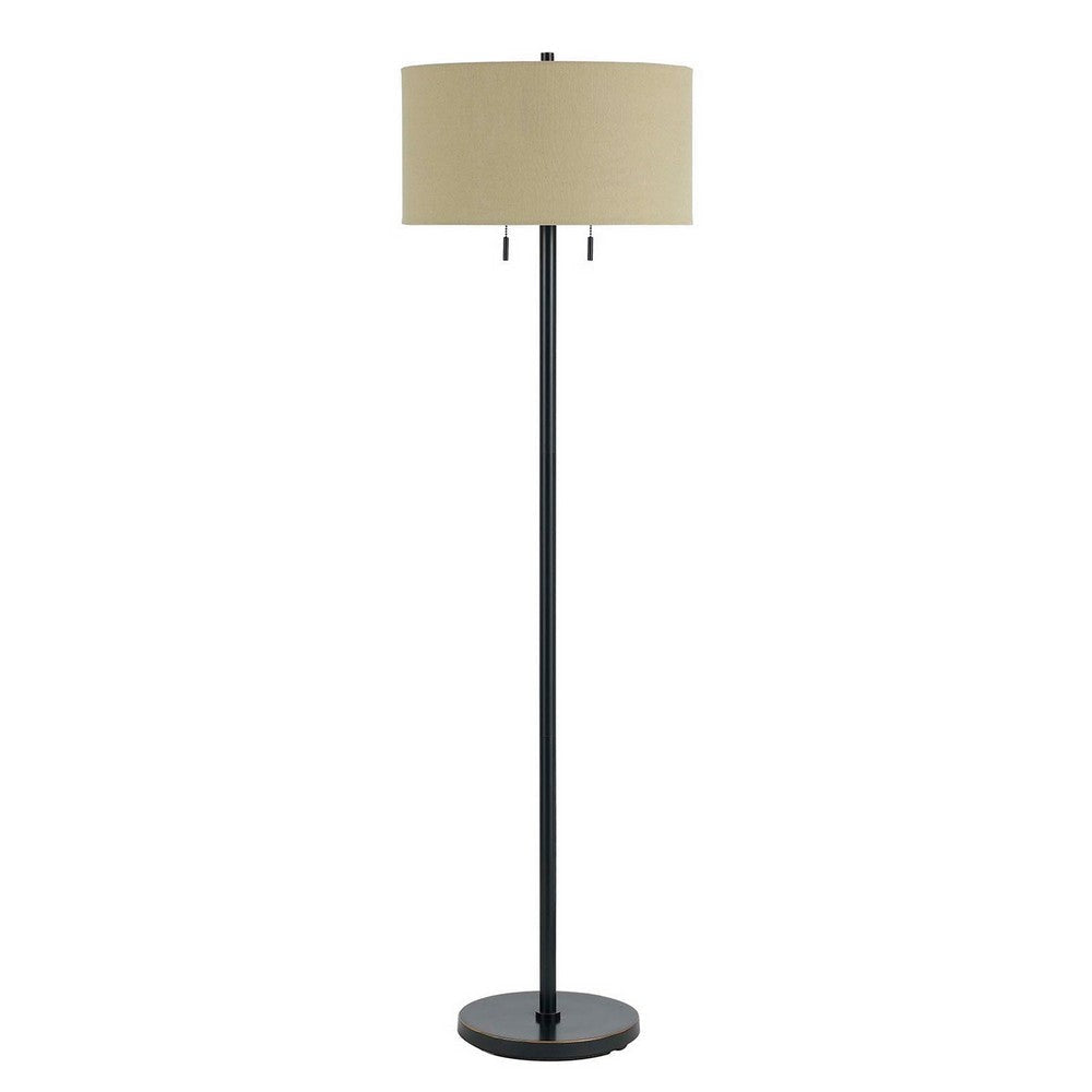 Metal Body Floor Lamp with Fabric Drum Shade and Pull Chain Switch, Black By Casagear Home