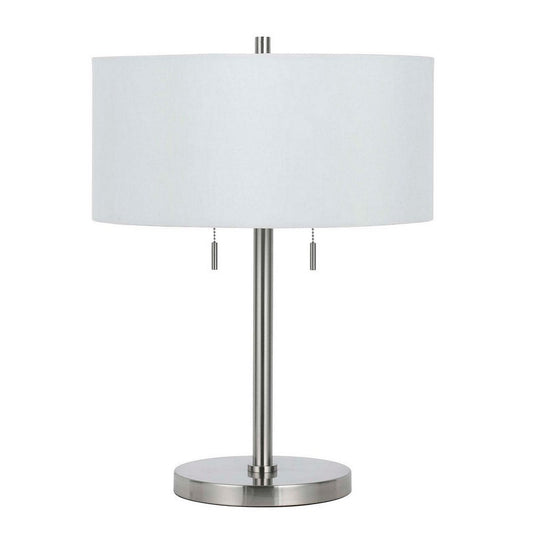 Metal Table Lamp | Fabric Drum Shade | Pull Chain Switch | Silver