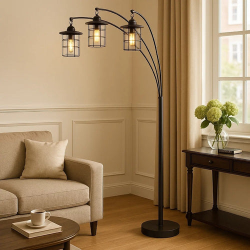 Metal Floor Lamp | 180W | 3 Arms | Cage Shades | Black