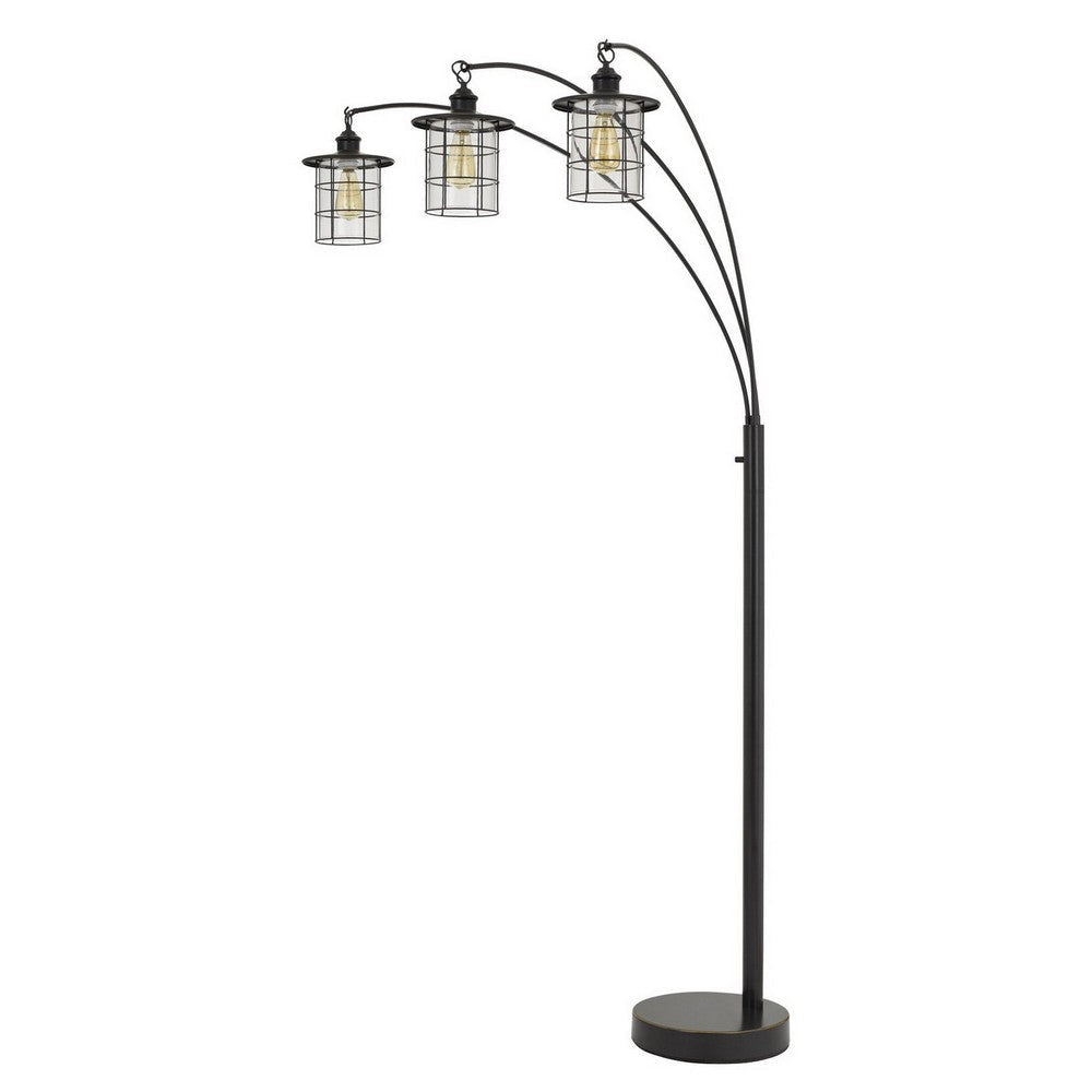 180 Watt Metal Floor Lamp with 3 Arms and Cage Shades, Black By Casagear Home